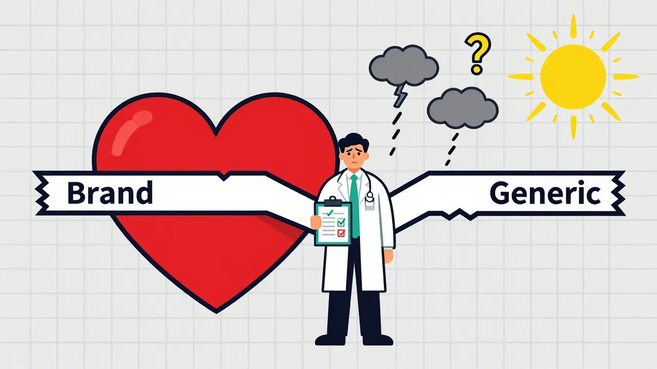 Cuore che pulsa con due percorsi, brand e generico, che si uniscono in esiti identici
