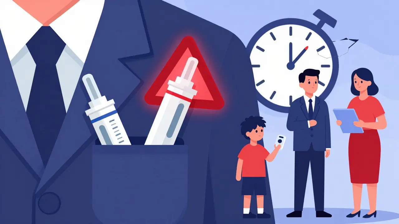 Due auto-iniettori in una tasca di giacca, con simboli di emergenza e figure di persone responsabili.