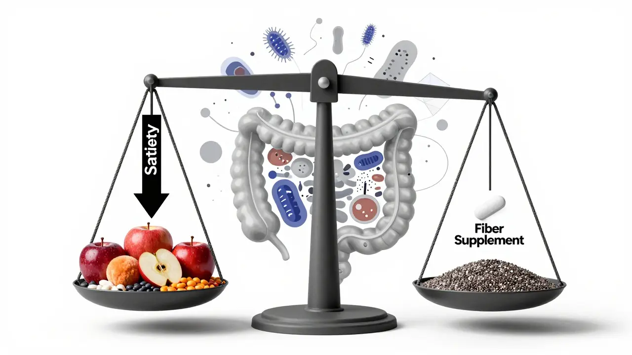 Figura umana tra bilance che confrontano cibi interi e integratore di fibra, con batteri geometrici nello sfondo.