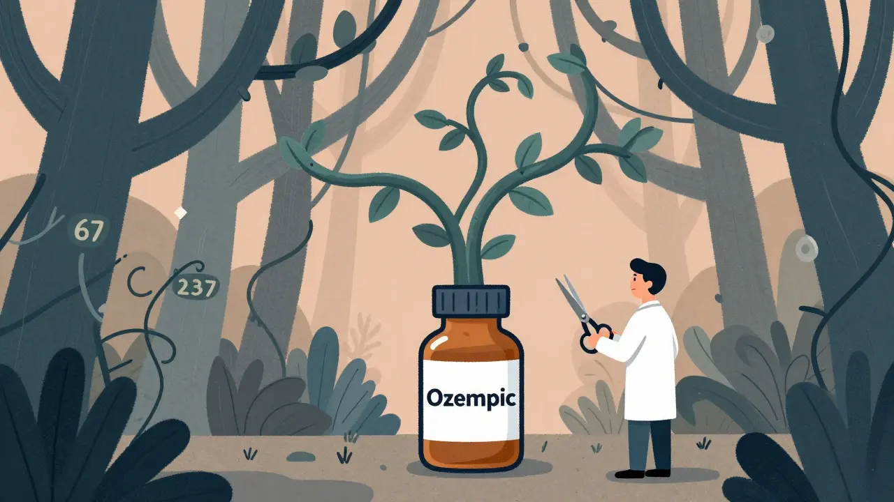 Giungla di brevetti che avvolge un farmaco oncologico, mentre un operatore taglia le viti con le nuove regole FDA.