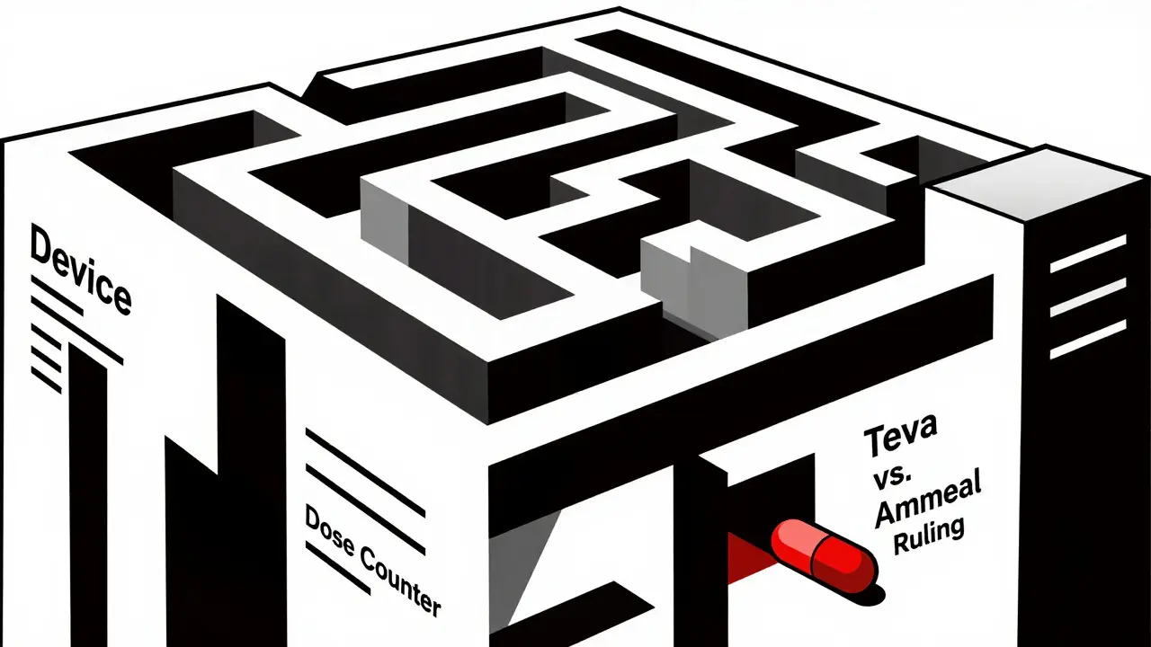 Labirinto di brevetti secondari con una compressa che cerca di fuggire, ispirato alla sentenza Teva vs. Amneal.