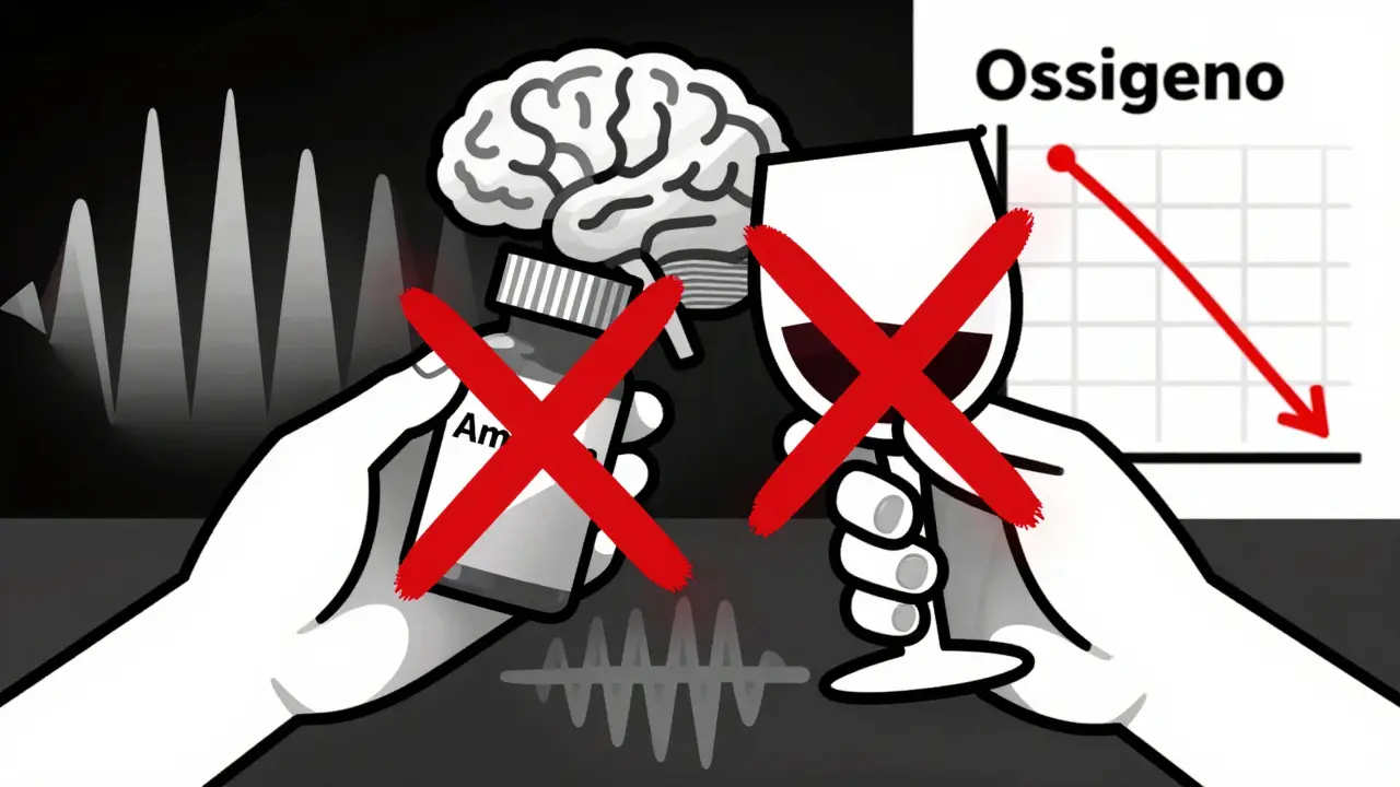 Mani che tengono pillola e bicchiere di vino, croce rossa sopra, segnali di respirazione lenta in forma geometrica.