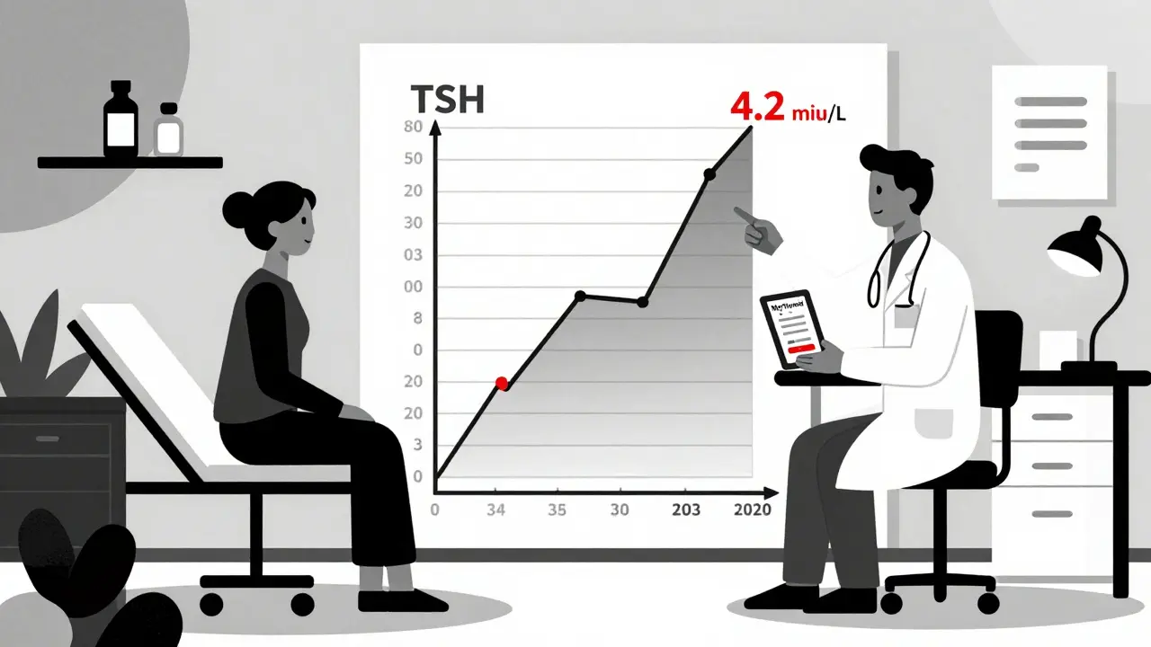 Medico e paziente che osservano un grafico TSH in uno studio clinico geometrico