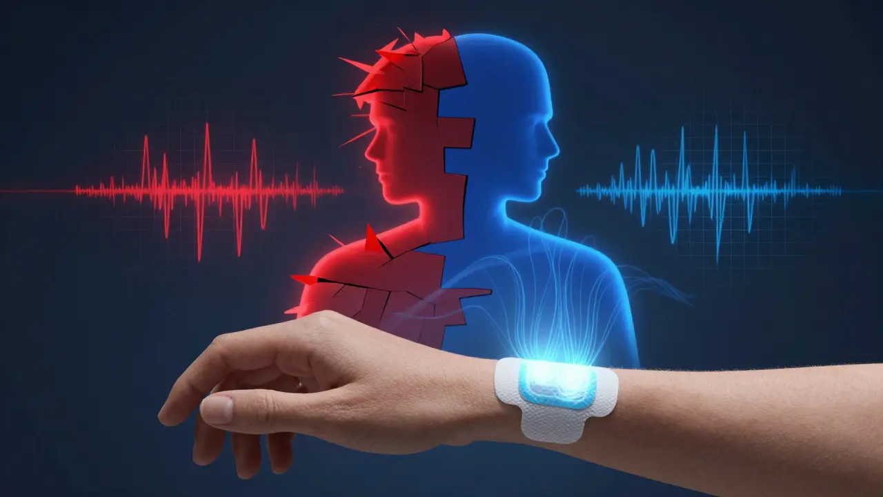 Patch transdermica che emette onde terapeutiche, trasformando l'ansia in calma con forme geometriche.