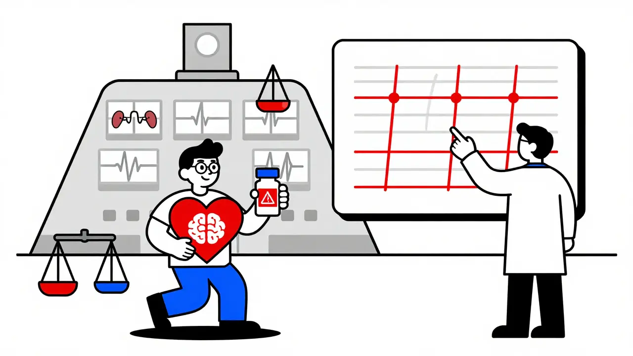 Paziente con bilance di microgrammi e finestre terapeutiche strette in uno stile Bauhaus.