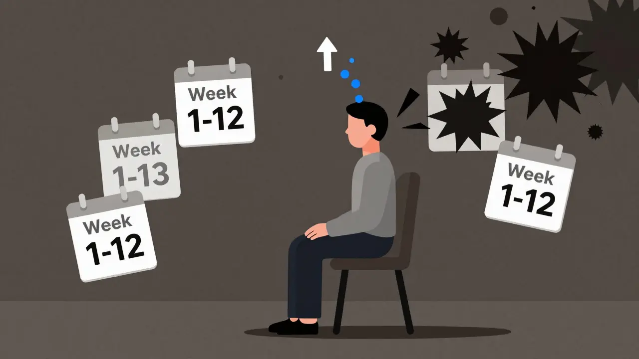 Paziente con pensieri ossessivi che si dissolvono mentre le molecole di serotonina salgono lentamente.