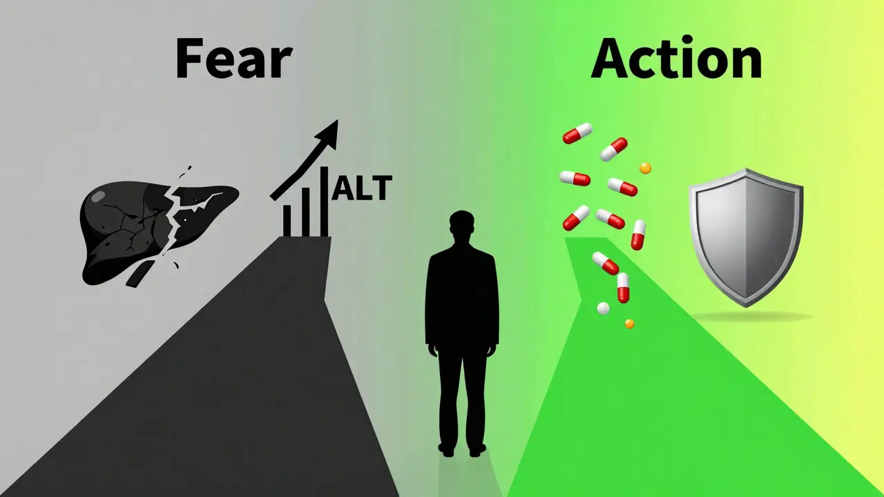 Paziente tra due strade: paura e azione, con pillole che trasformano il fegato in stile Bauhaus.