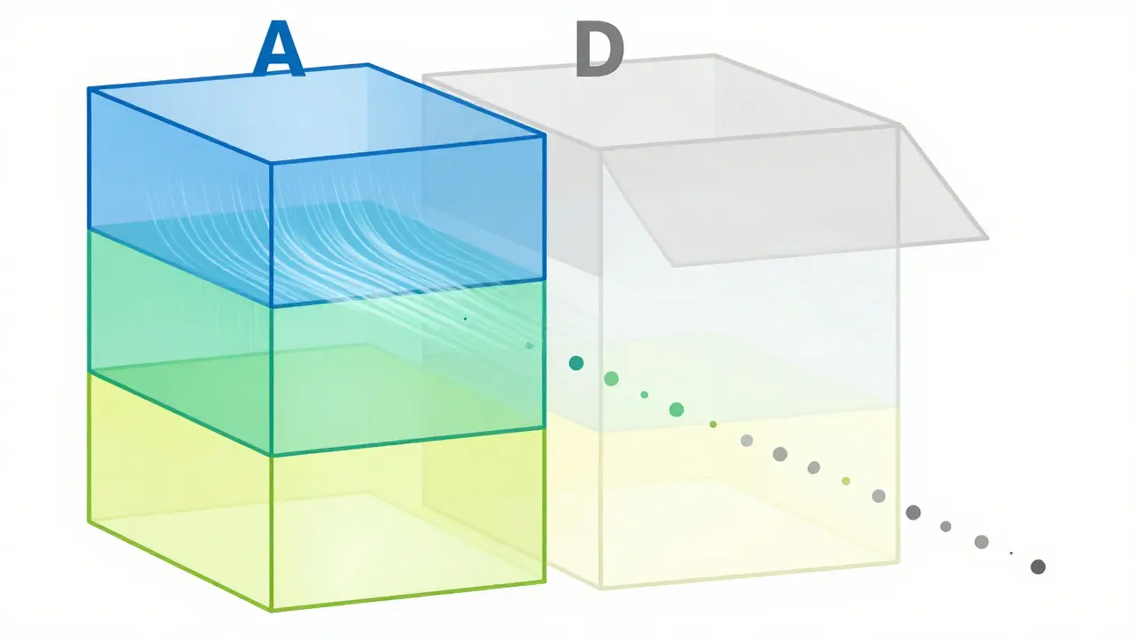 Rappresentazione schematica dei quattro gradi di cleanroom A-D con volumi geometrici e conteggio particelle decrescente.