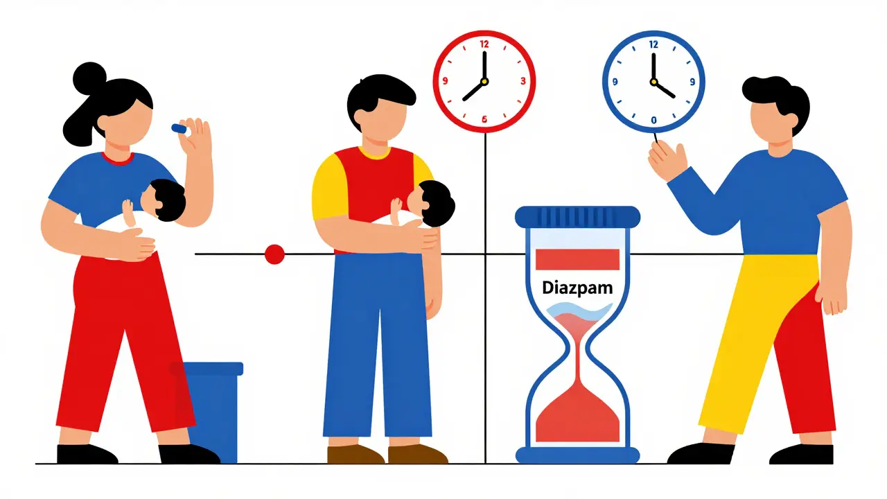 Ritmo quotidiano di una madre che assume farmaci dopo l'allattamento, con simboli di tempo e durata.