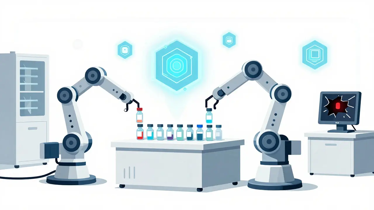 Robot automatizzati in un cleanroom moderno con sensori AI e allarme visivo, stile Bauhaus minimalista.