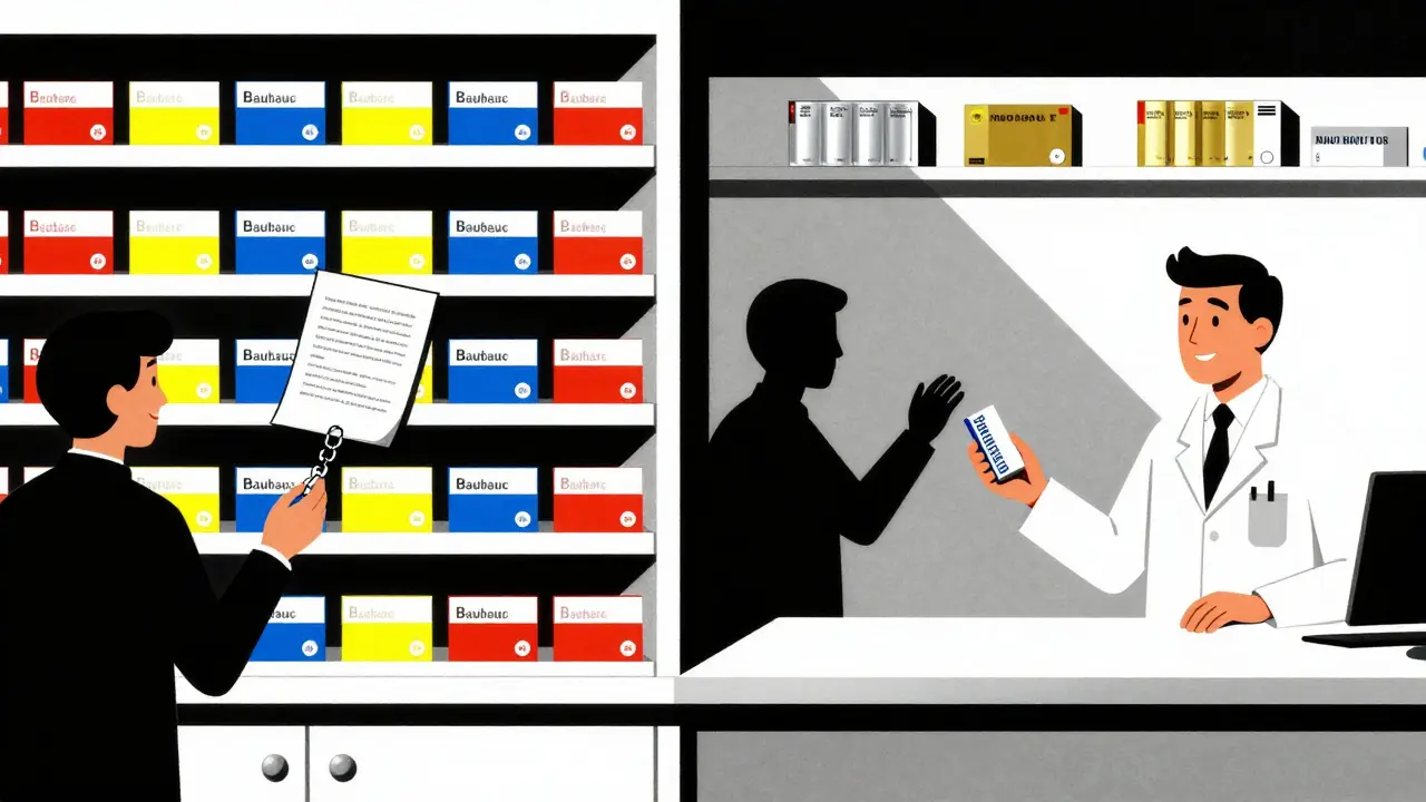 Scaffale di farmaci generici colorati e economici al banco di una farmacia, contro scaffali rari di farmaci costosi.