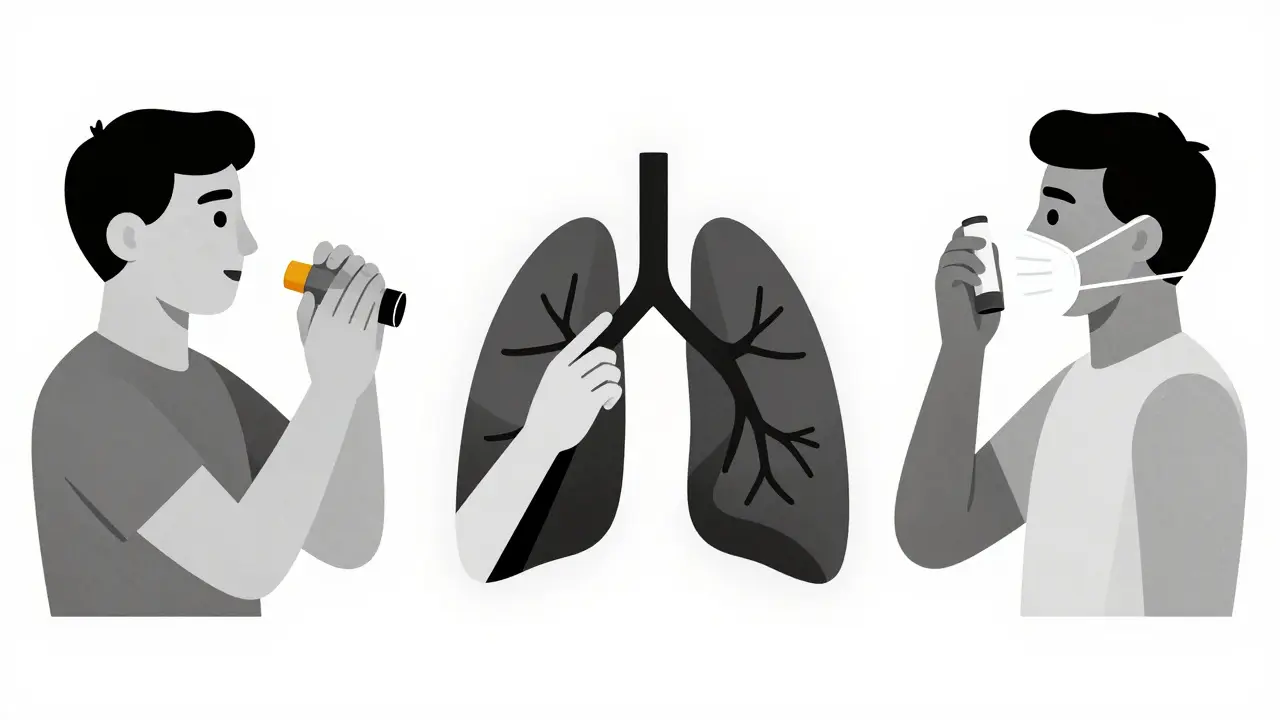 Sequenza geometrica di tre passi per l'uso corretto dello spaziatore con inalatore.