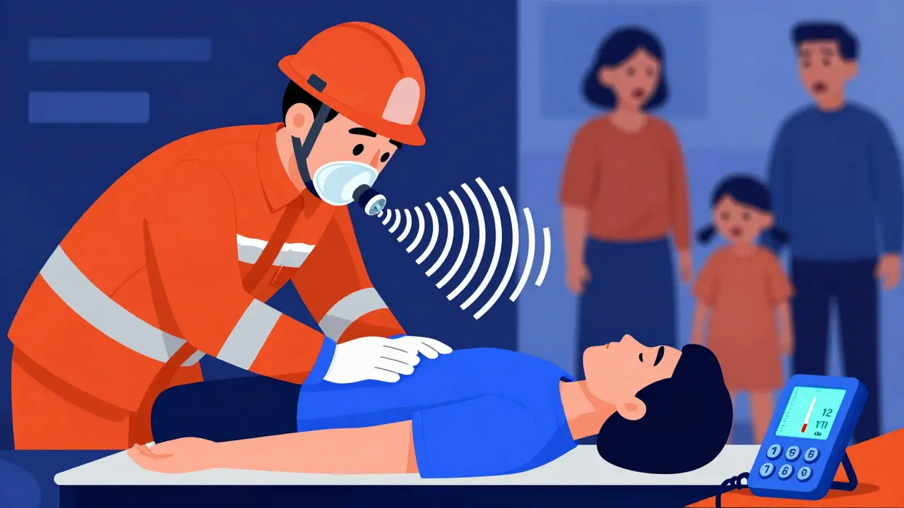 Soccorritore che pratica respirazione bocca a bocca, metro dell'ossigeno in calo, telefono che chiama il 112.