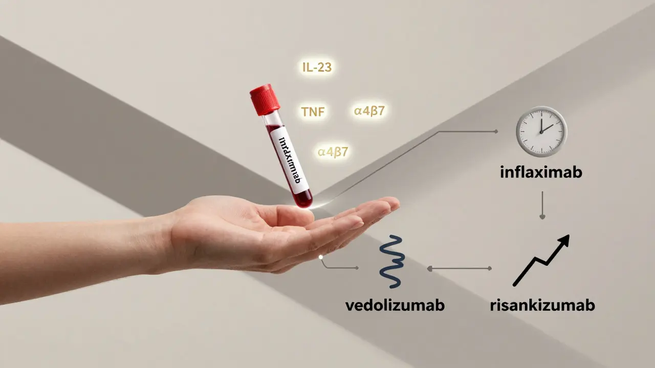 Test del sangue con biomarcatori che guidano percorsi terapeutici personalizzati per la MII, stile Bauhaus.