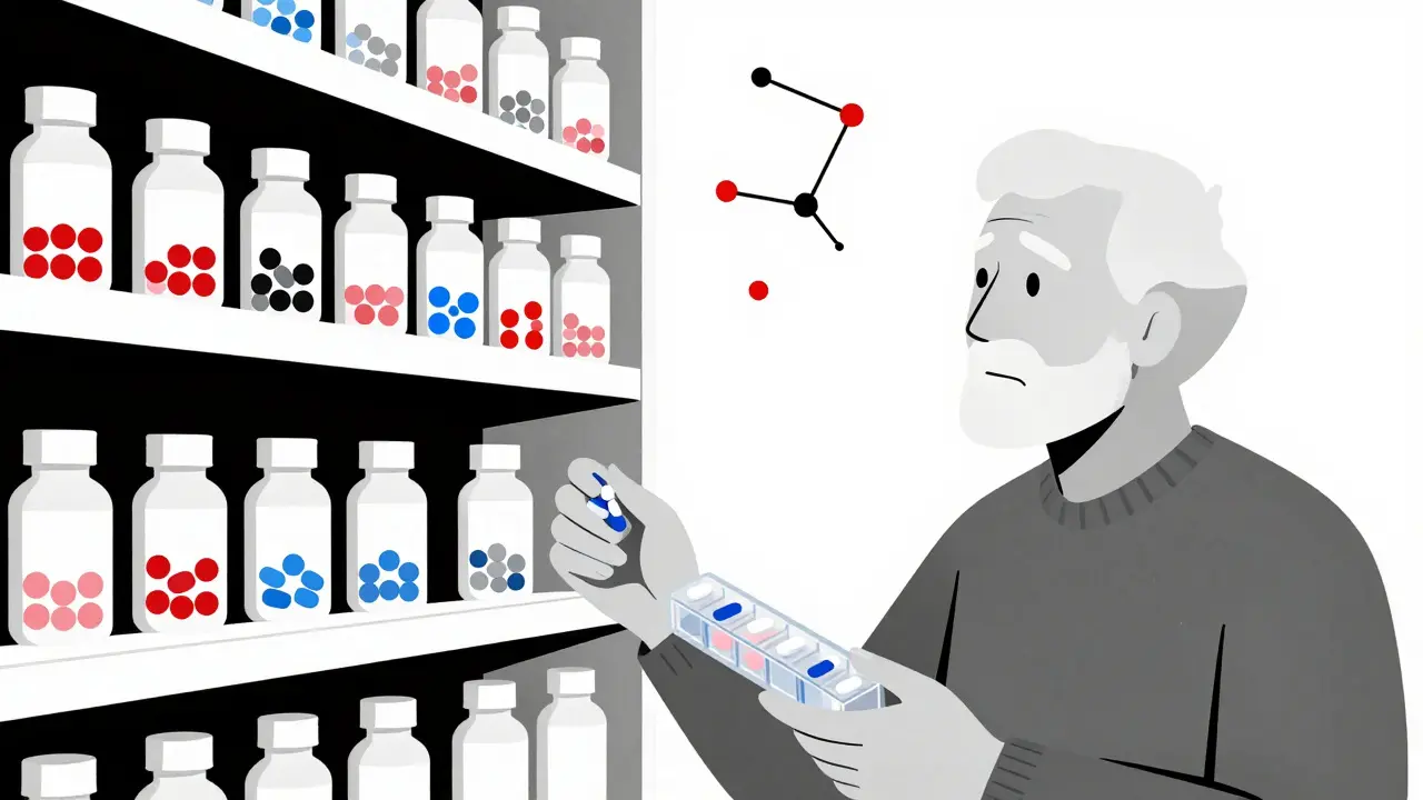 Un anziano guarda confuso un organizer di pastiglie colorate, mentre in background ci sono scaffali di farmaci generici.