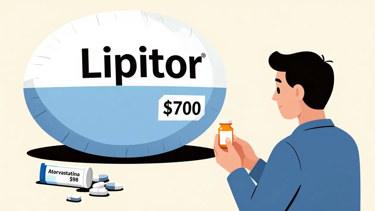 Un farmacista consegna una pillola generica mentre una pillola di marca gigante e costosa fluttua dietro.