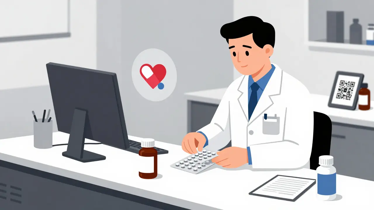 Un farmacista prepara confezioni blister con un tablet che mostra un codice QR.