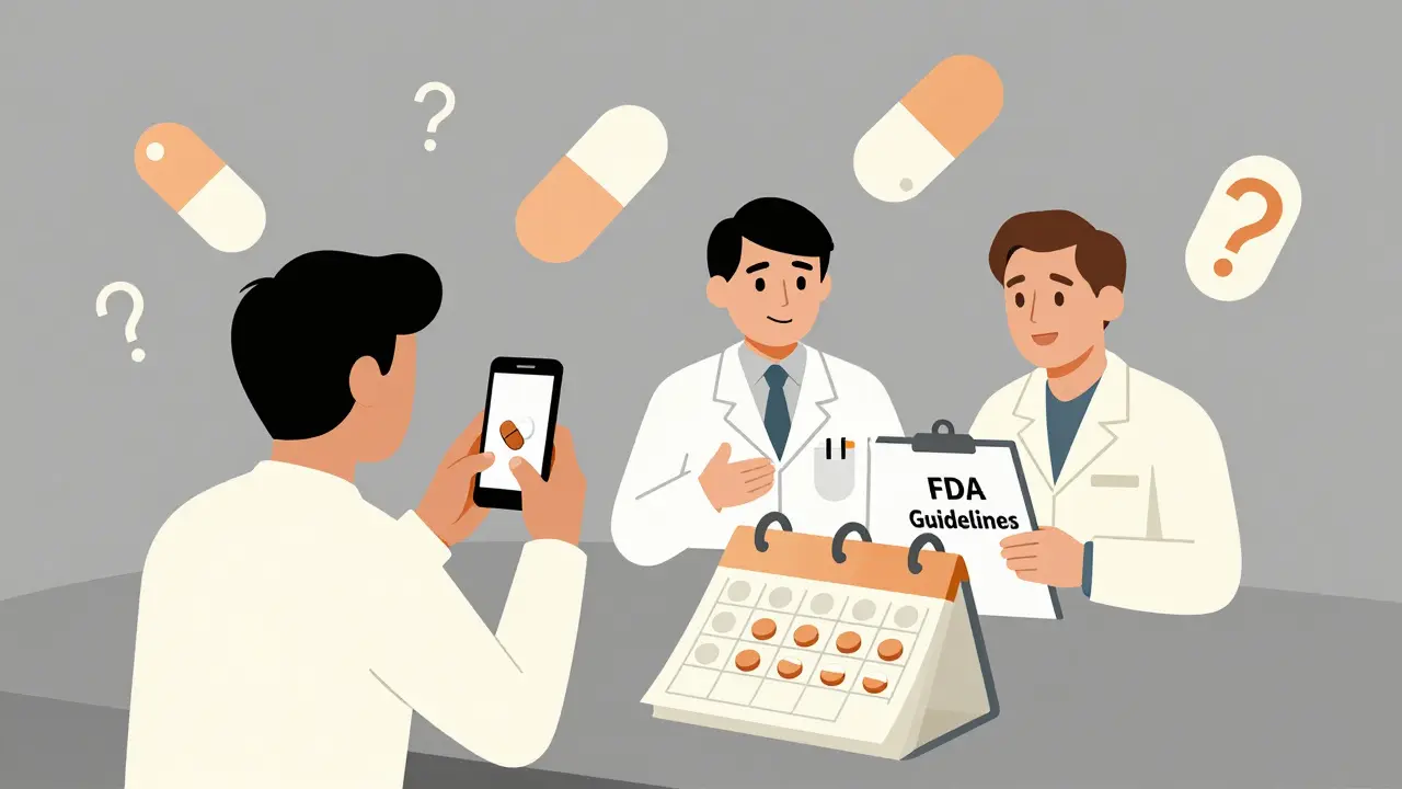 Un paziente fotografa una compressa mentre un medico e un farmacista discutono linee guida FDA con simboli geometrici.