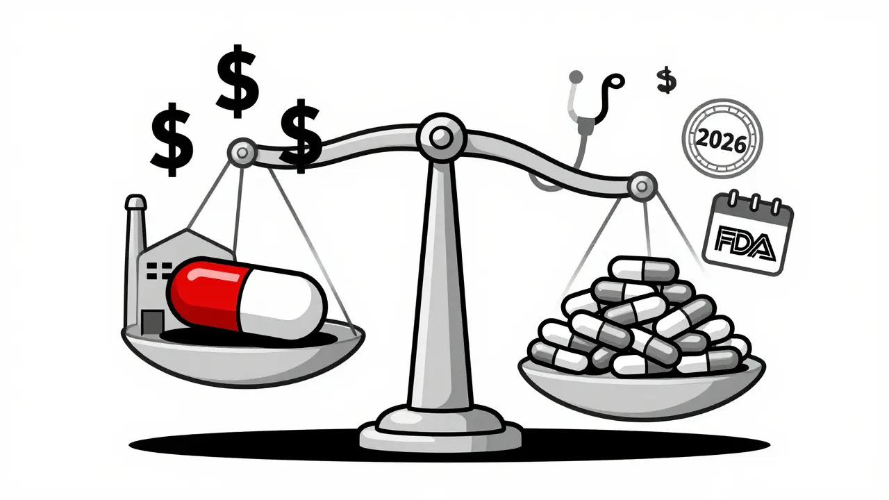 Una bilancia che confronta una pillola di marca costosa con molti generici economici, simboli di salute e FDA.