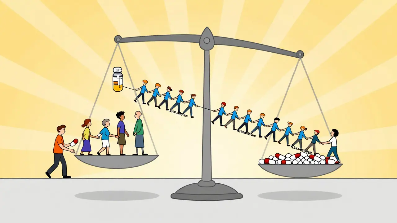 Bilancia tra un farmaco costoso e migliaia di generici, con persone di diversi continenti, stile Bauhaus.