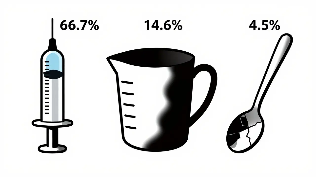 Confronto visivo tra siringa, bicchiere e cucchiaio con percentuali di precisione.