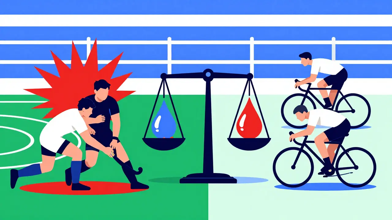 Confronto visivo tra sport a rischio e sport sicuri con bilancia di coagulazione.