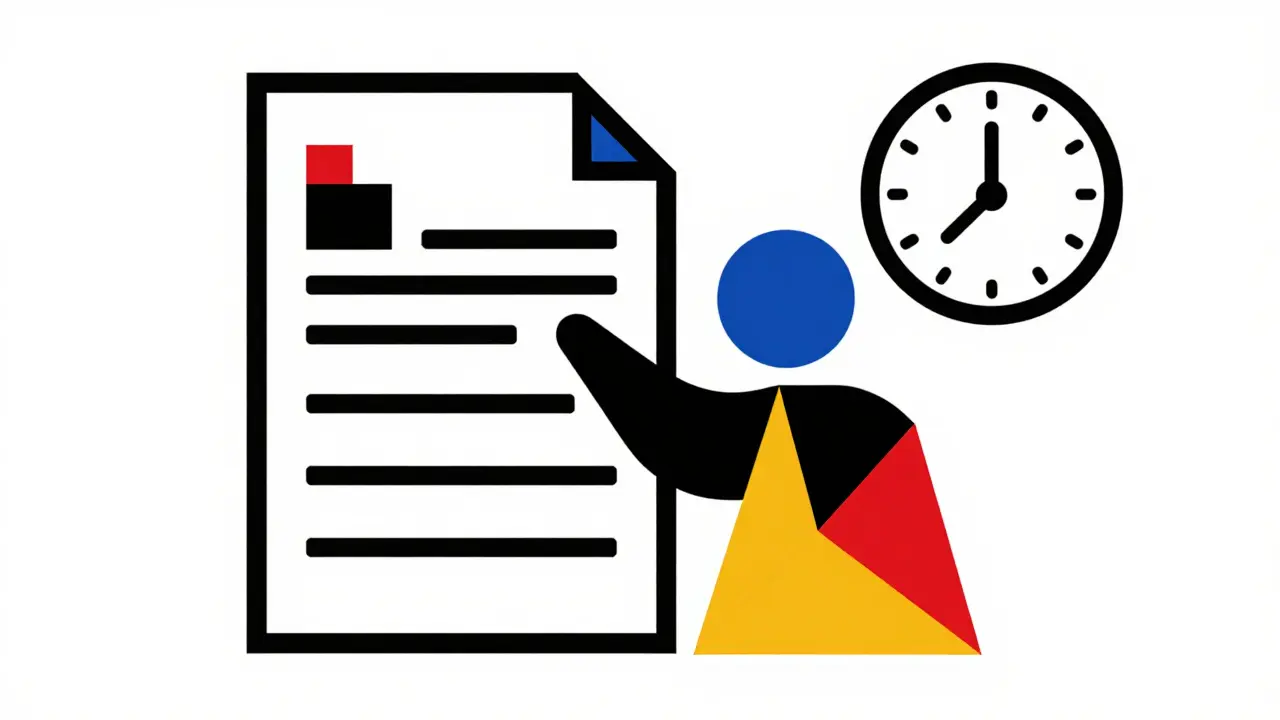 Documento stilizzato e orologio in stile Bauhaus, rappresenta il processo di revisione ANDA.