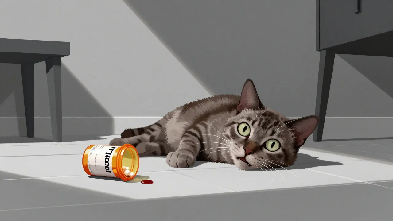 Gatto con gengive marroni accanto a una bottiglia vuota di Tylenol, luce dura e ombre nette.