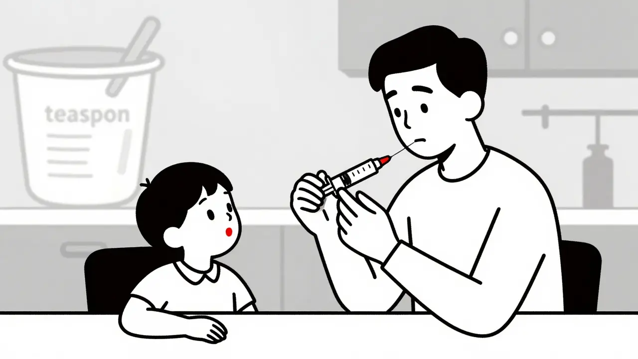 Genitore che somministra farmaco con siringa, mentre un bicchiere obsoleto sfuma sullo sfondo.