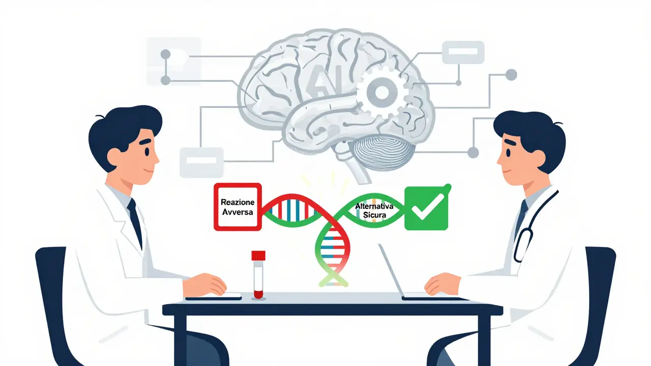 Medico e paziente al tavolo con test salivare che genera un'elica DNA che diventa un percorso di rischio o sicurezza.