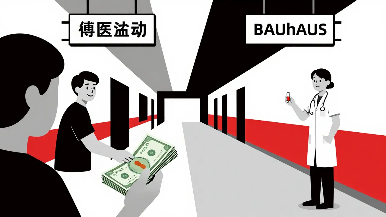 Paziente che riceve una pillola generica accanto a uno che paga in contanti, stile Bauhaus.