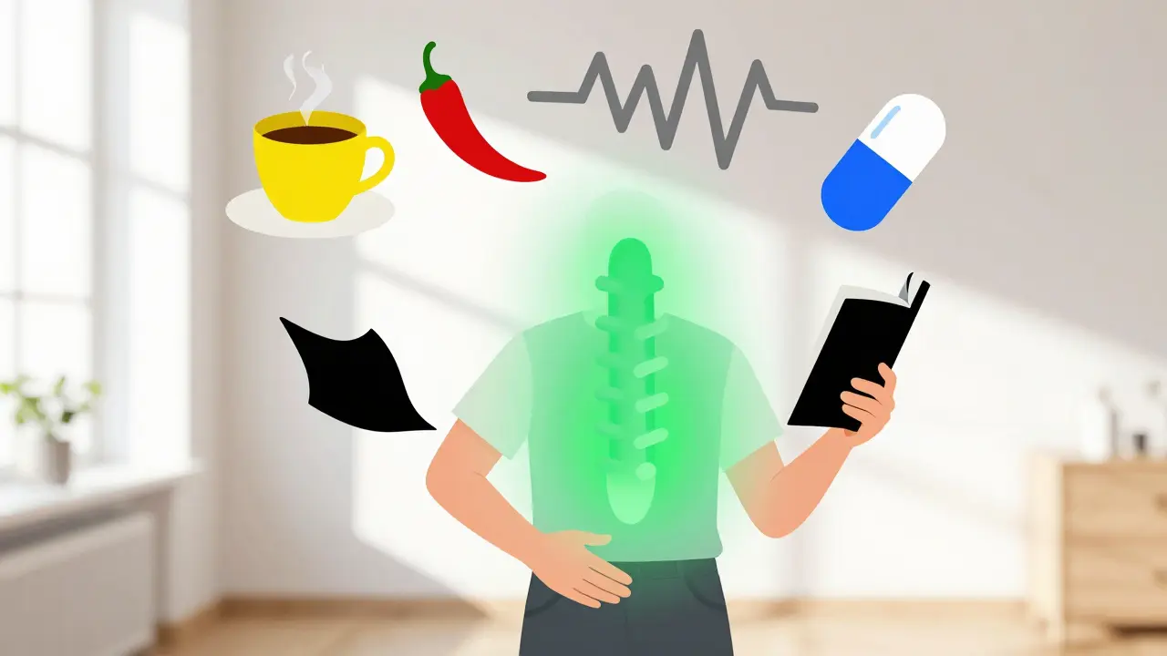 Person in calm room with abstract triggers and a healthy colon symbolizing remission.