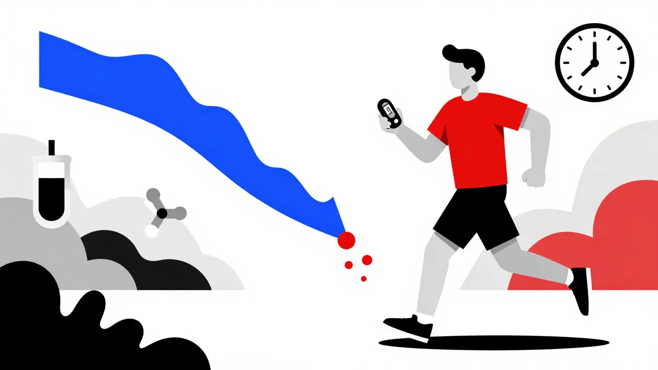 Persona che controlla un monitor di glicemia mentre corre, con forme geometriche che mostrano i livelli di zucchero in tempo reale.