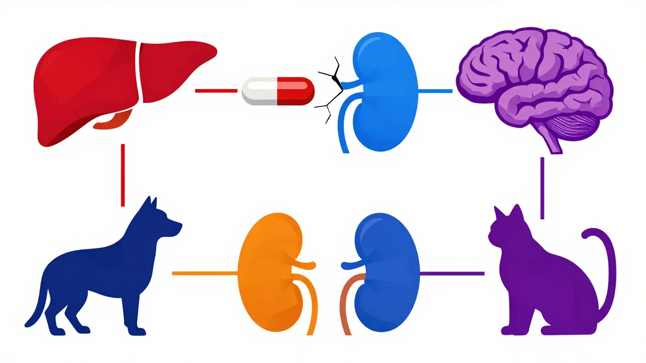 Quattro animali stilizzati collegati a pillole tossiche con simboli di organi danneggiati.
