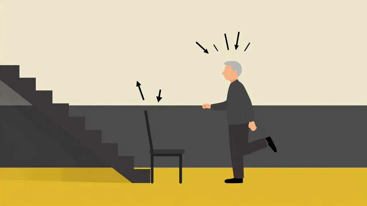 Una persona si alza dalla sedia per camminare, con frecce che rappresentano movimenti quotidiani semplici contro un fondo geometrico.