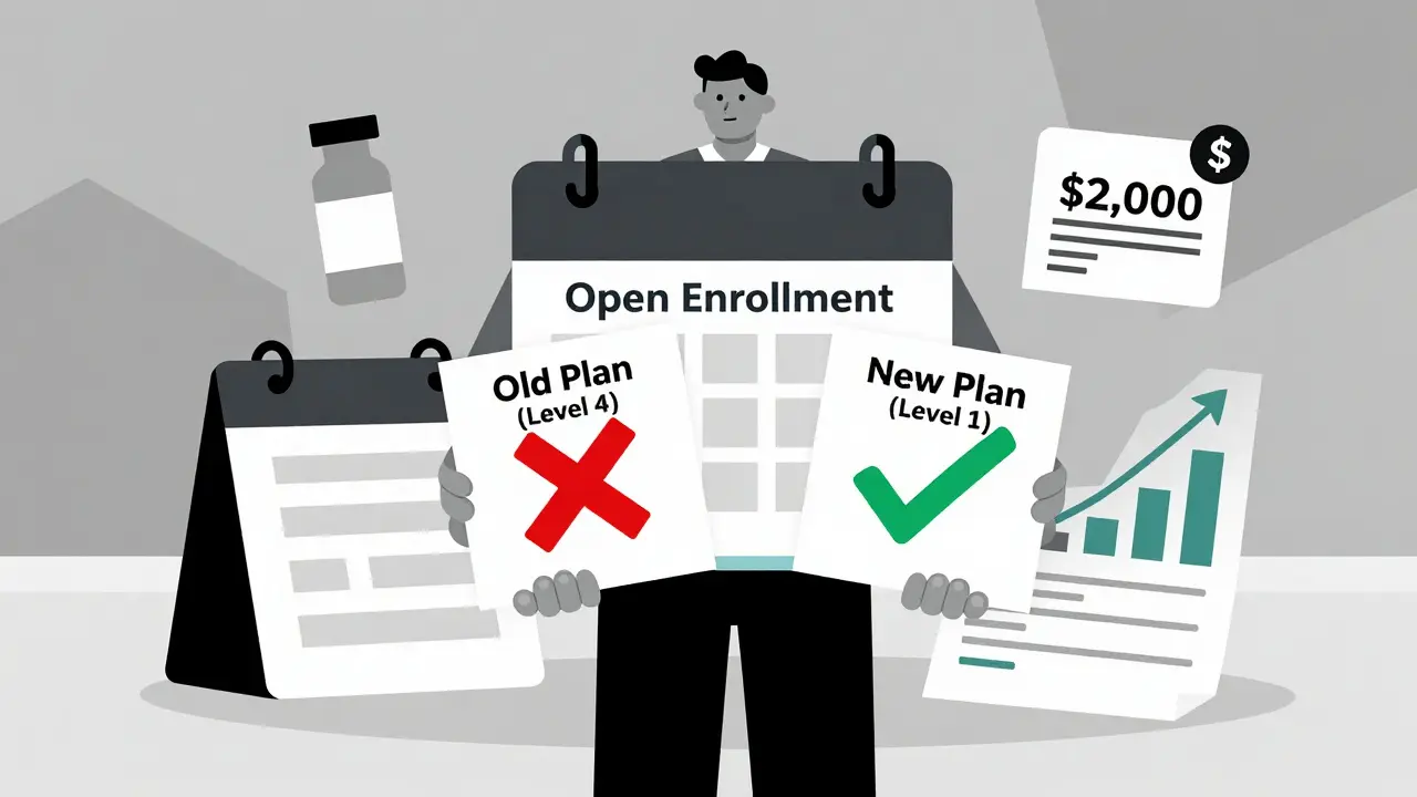 Beneficiario Medicare che sceglie un nuovo piano farmaceutico durante l'iscrizione aperta, con icone di costi e tetto di spesa.