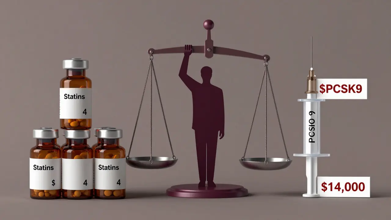 Confronto visivo tra costi delle statine e inibitori PCSK9, con bilancia e silhouette del paziente in stile Bauhaus.