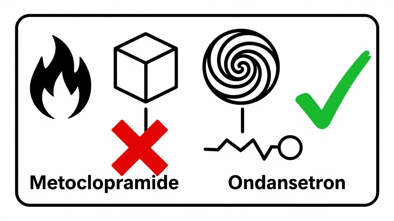 Diagramma geometrico con segnali di rischio NMS e alternativa sicura in stile Bauhaus.