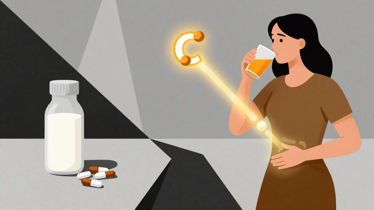 Donna che assume ferro con succo d'arancia, mentre il latte e gli antiacidi sono bloccati.
