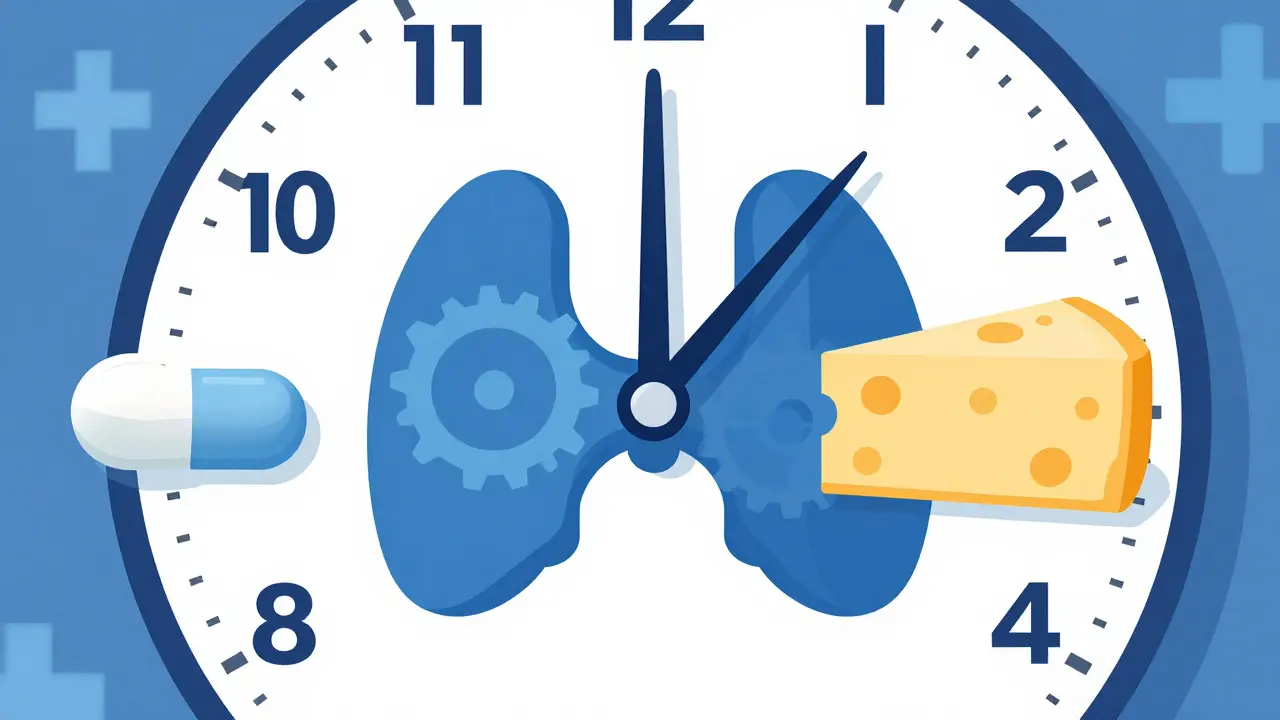 Orologio che mostra quattro ore di separazione tra pillola tiroidea e formaggio.