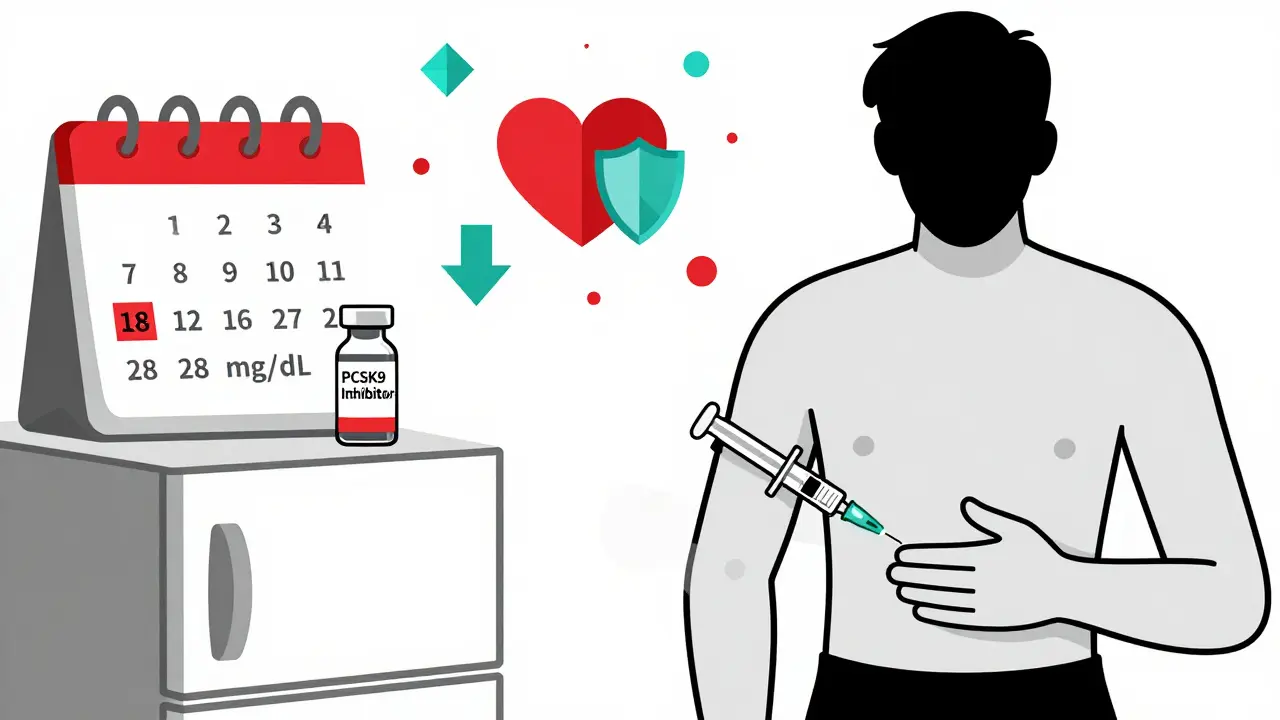 Paziente che si somministra un'iniezione di inibitore PCSK9, con frigorifero e calendario evidenziato in stile Bauhaus.