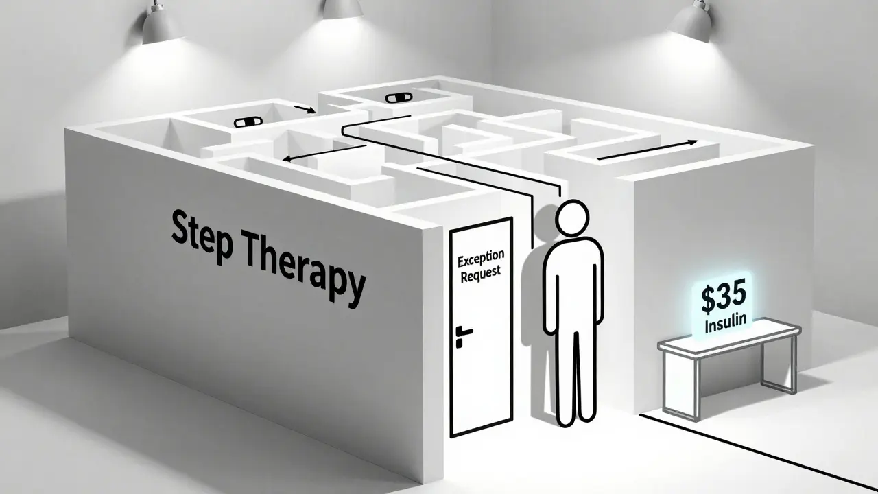 Persona in un labirinto della terapia a passi, con uscita verso l'insulina a , in stile Bauhaus minimalista.