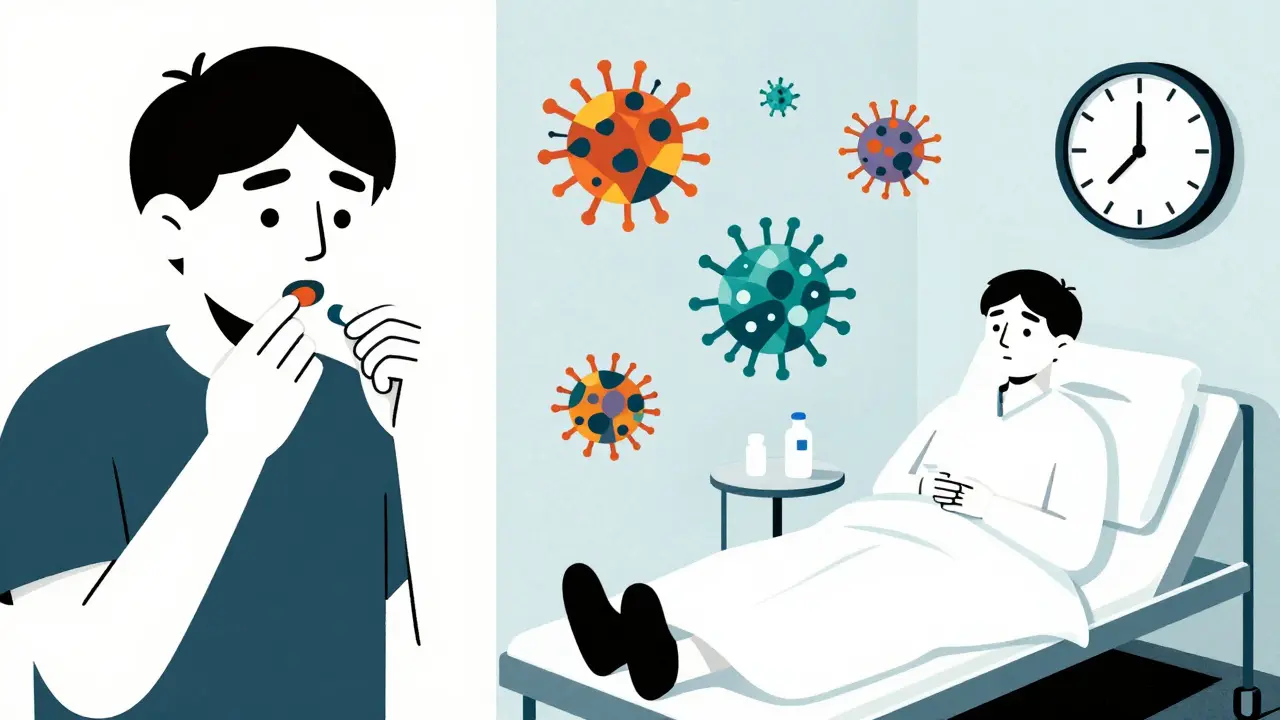 Scena divisa: chi assume antibiotici inutilmente vs. il futuro di un paziente isolato, con batteri geometrici e un orologio che punta al 2050.