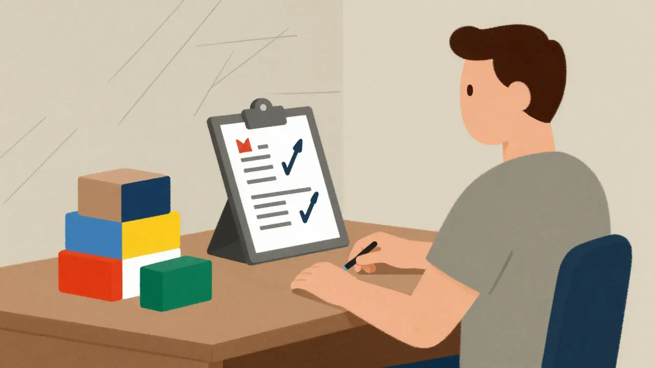 Silhouette stilizzata di un paziente che valuta medicine rappresentate come blocchi geometrici colorati.