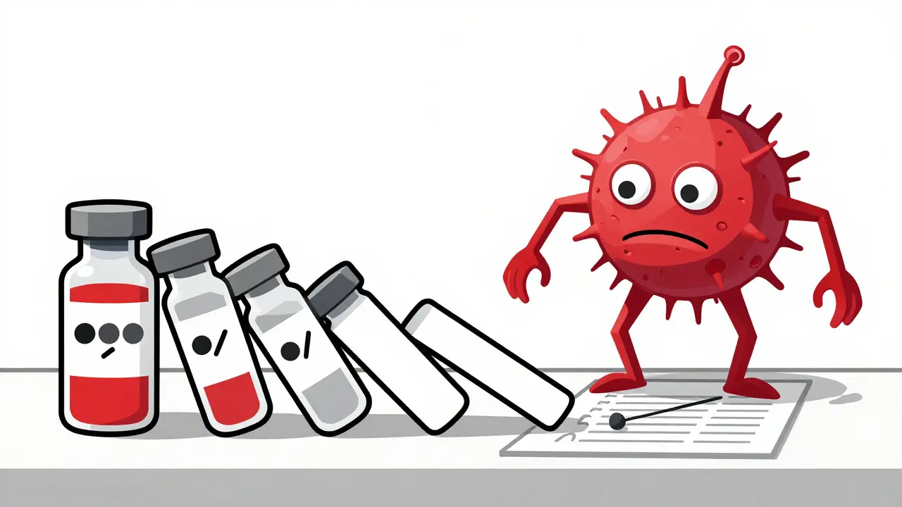 Tre antibiotici che crollano come domino mentre un batterio mostruoso minaccia un paziente in ospedale.