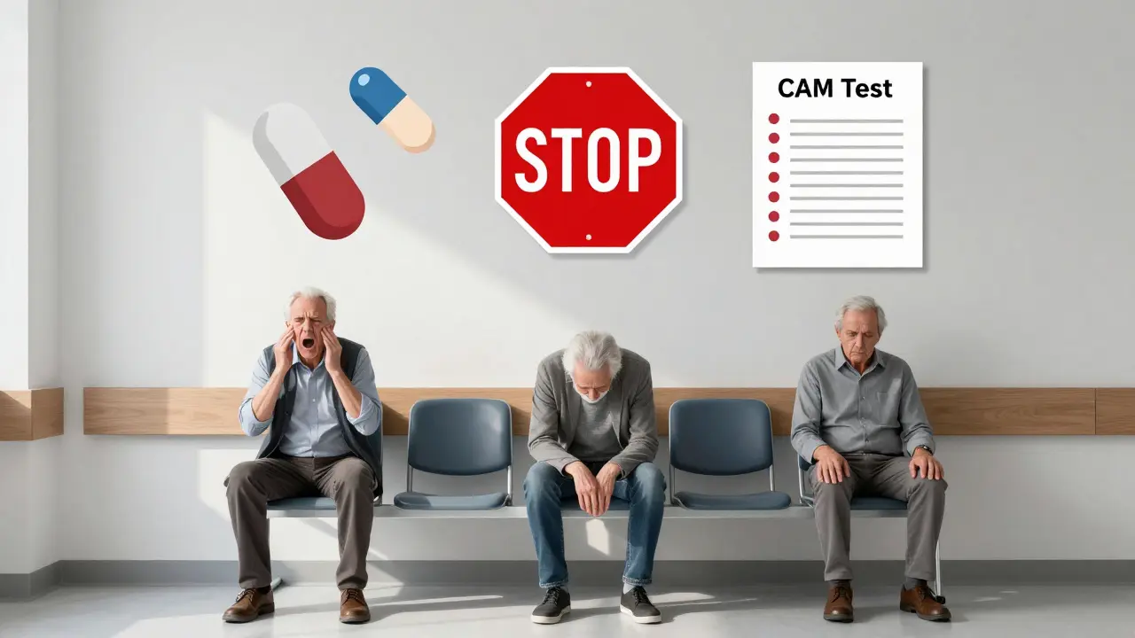 Tre anziani in un corridoio ospedaliero, ognuno con un diverso tipo di delirio, circondati da icone di farmaci pericolosi.