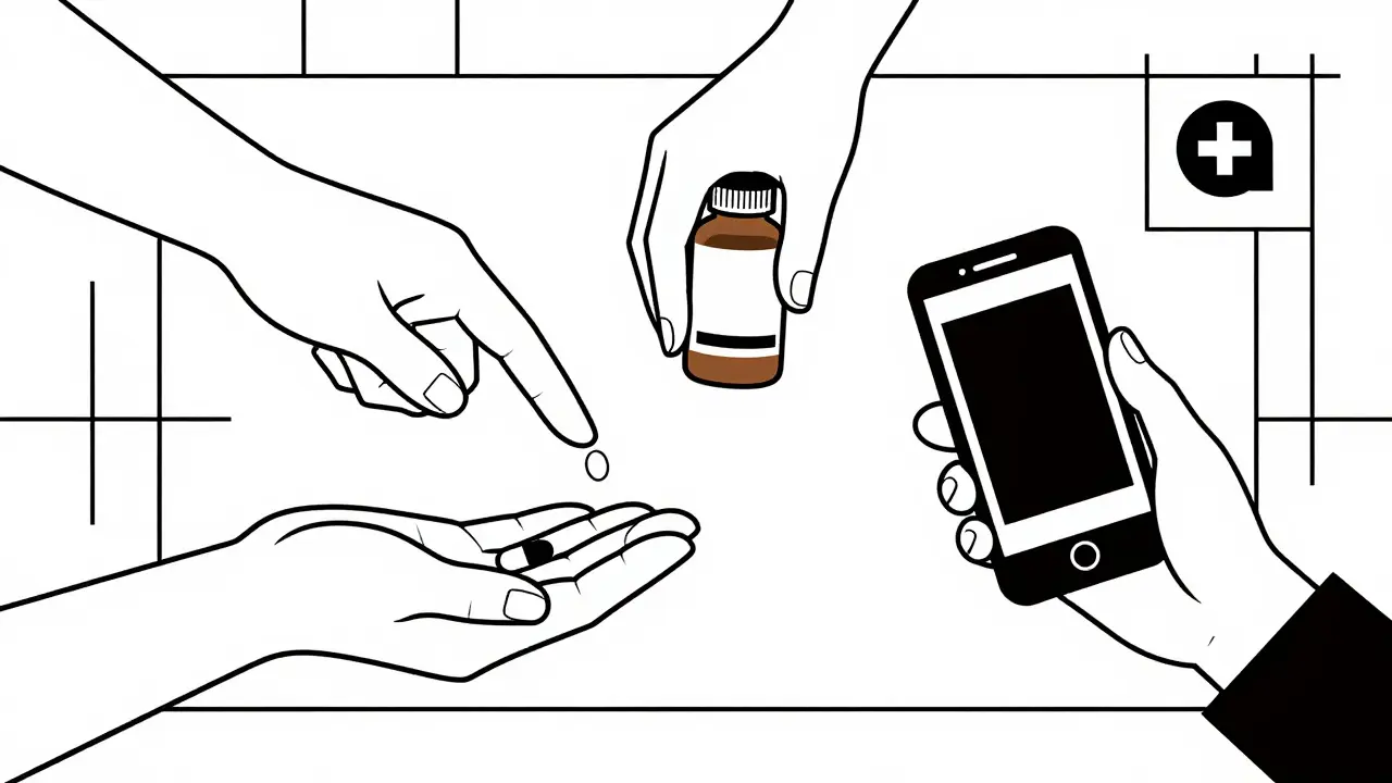 Tre mani che raggiungono una compressa: una con naloxone, una con una farmacia, una con uno smartphone.