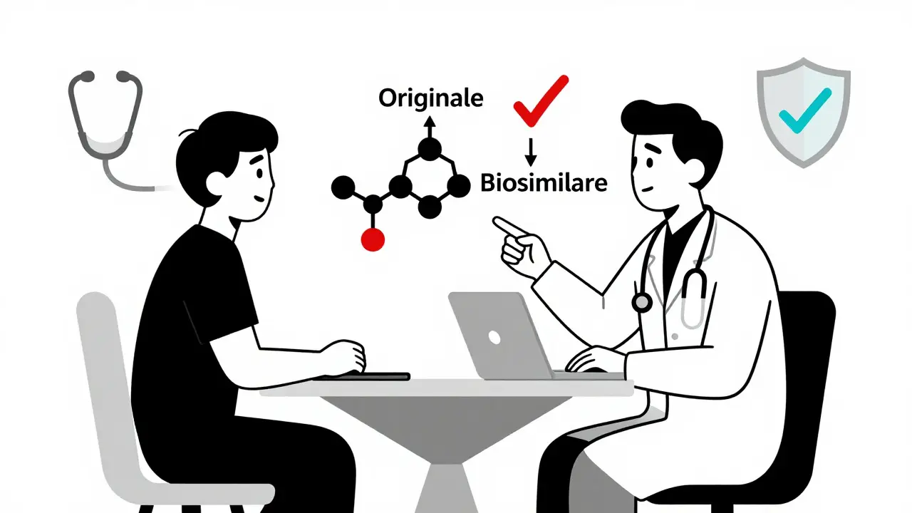 Un medico e un paziente discutono una mappa molecolare che collega farmaco originale e biosimilare, con simboli di sicurezza.