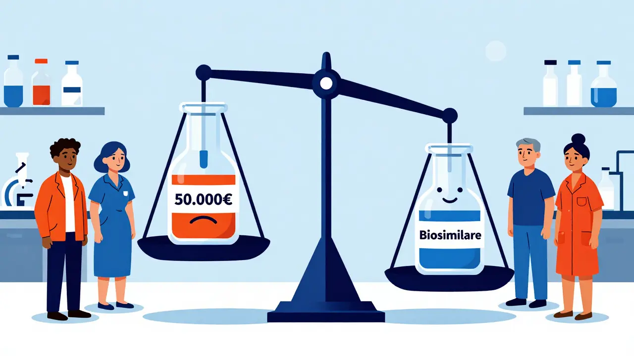 Una bilancia che confronta il costo alto di un farmaco con il biosimilare economico, con pazienti che guardano con serenità.