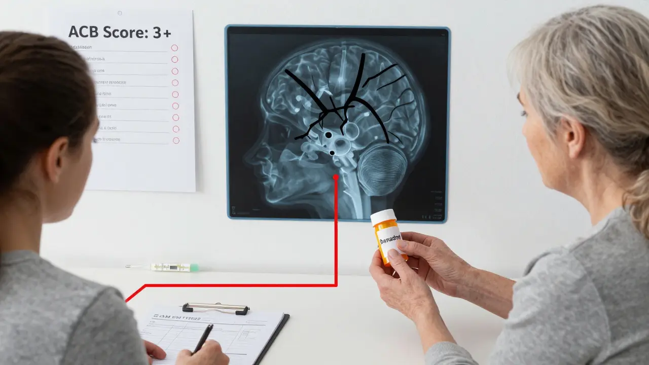 Una famiglia con un'anziana che tiene una pillola da banco; sullo sfondo un grafico del carico anticolinergico.